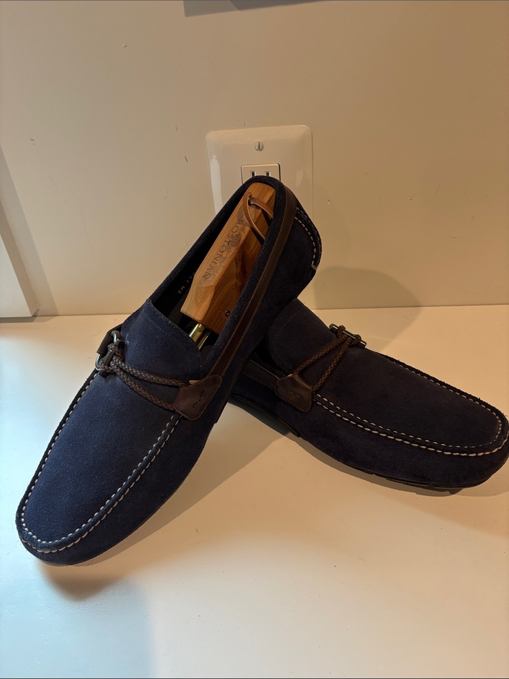 Salvatore Ferragamo Navy Suede Moccasin Loafers with Brown Trim